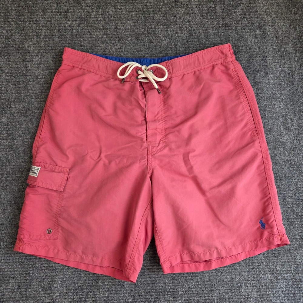 Polo Ralph Lauren Mens Salmon Pink Swim Trunks Cargo Pocket Mesh Lining Large